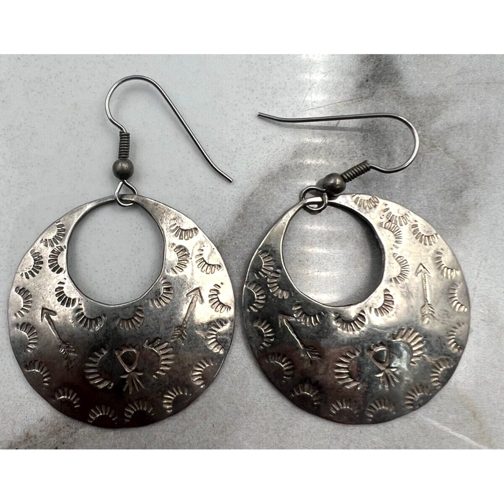Vintage Hoop Drop Earrings Stamped Arrow Sunburst Silver Tone Crescent Boho